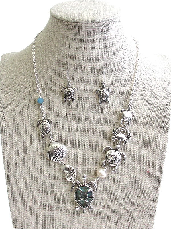 Sealife Theme Multi Charm Link Necklace Set - Turtle Crab Shell