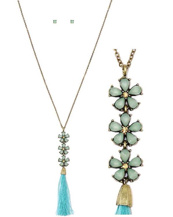 Glass Flower Link And Tassel Drop Long Necklace Set