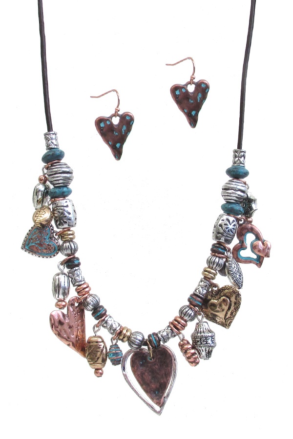 Western Theme Multi Charm Dangle Necklace Set - Heart