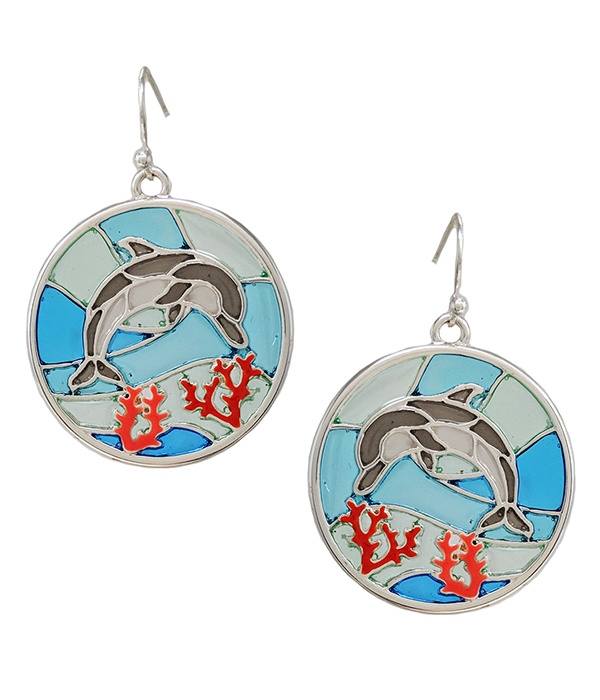 Sealife Theme Stained Glass Window Inspired Mosaic Earring - Dolphin