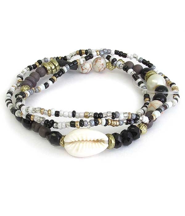 Multi Seedbead And Facet Stone Mix Cowry Shell 3 Stretch Bracelet Set