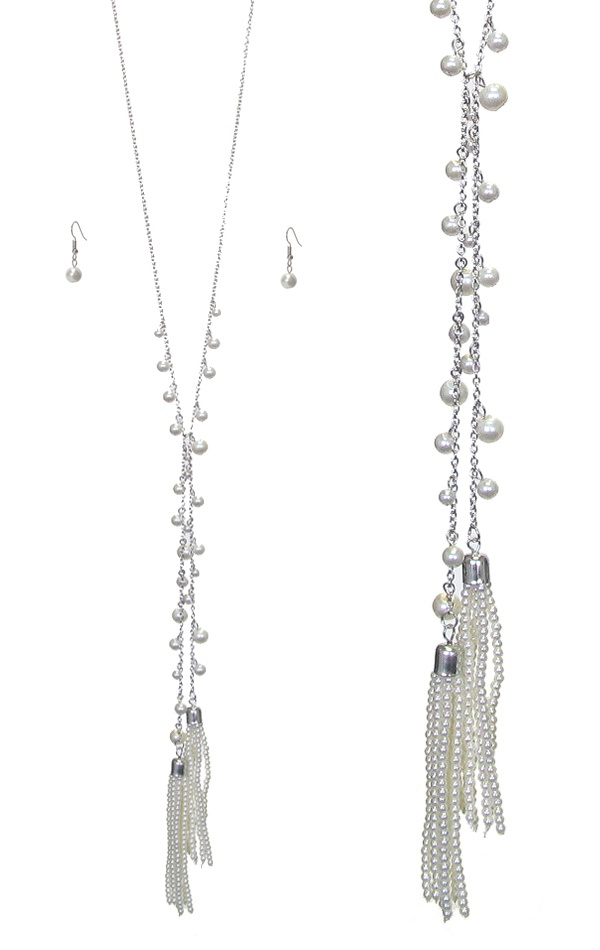 Double Pearl Tassel Y Shape Long Necklace Set