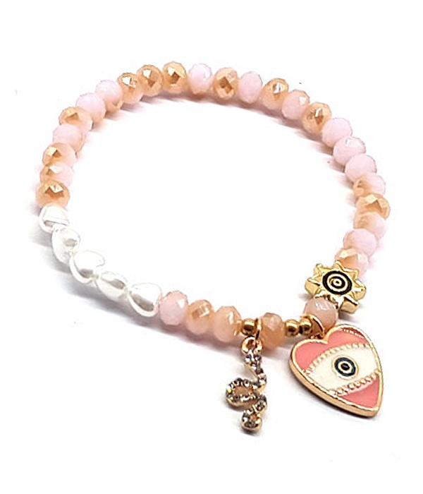 Heart Evileye Charm Facet Stone And Pearl Mix Stretch Bracelet