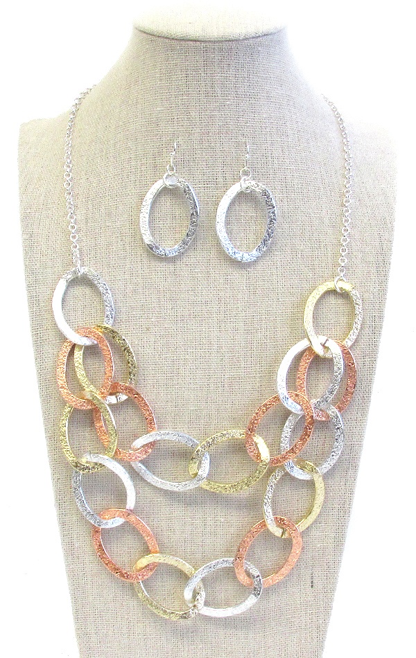 Multi Metal Ring Link Double Layer Necklace Set