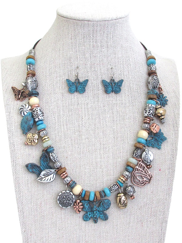 Garden Theme Multi Charm Dangle And Mix Bead Chain Necklace Set - Butterfly