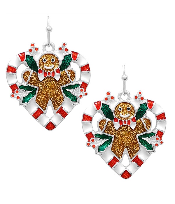 Christmas Theme Epoxy Ginger Bread And Heart Candy Cane Earring