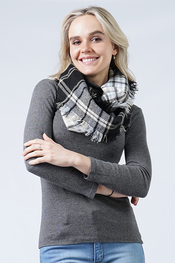 Plaid Infinity Scarf With Frayed Edge - 100% Polyester