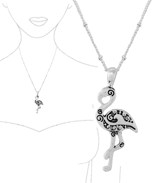 Tropical Theme Textured Metal Pendant Necklace - Flamingo