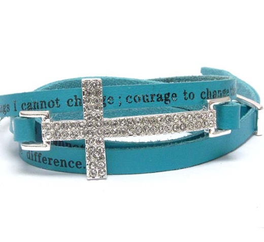 Crystal Cross and Leatherette Message Wrap Bracelet - Serenity Prayer
