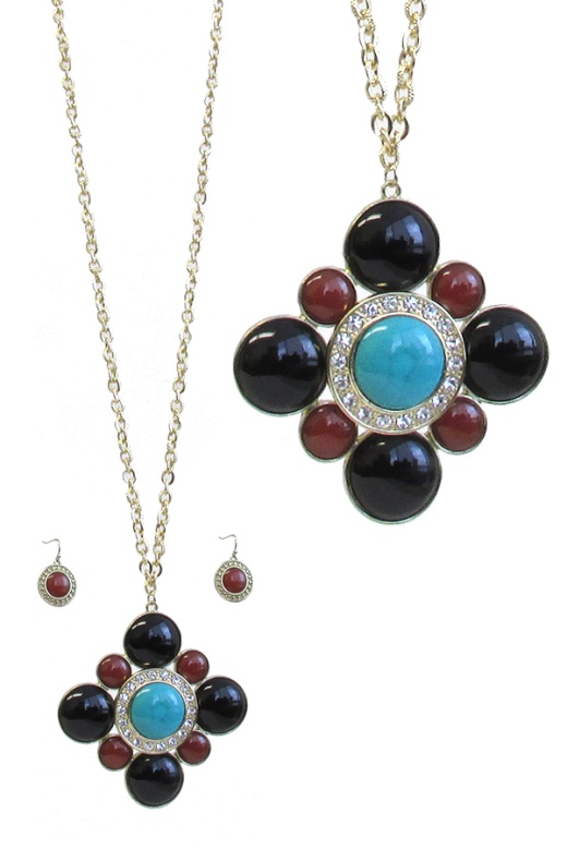 Luxury Crystal and Acryl Flower Medallion Necklace Earring Set