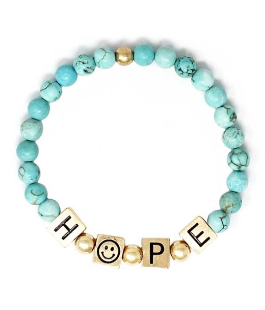 Religious Inspiration Word Block and Semi Precious Stone Stretch Bracelet - Hope Turquoise