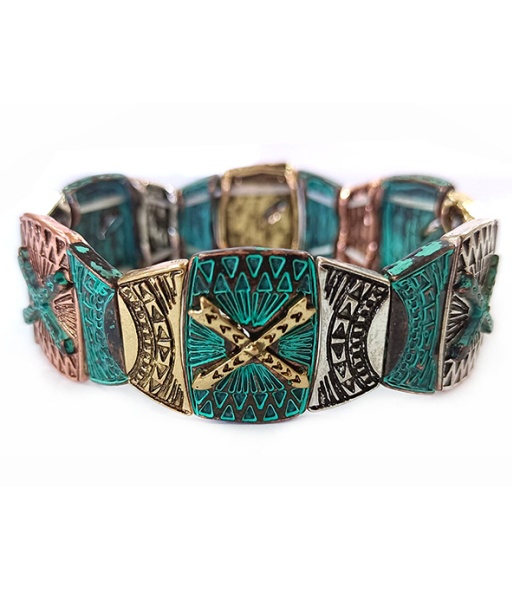 Vintage Metal Aztec Stretch Bracelet - Western Style Jewelry