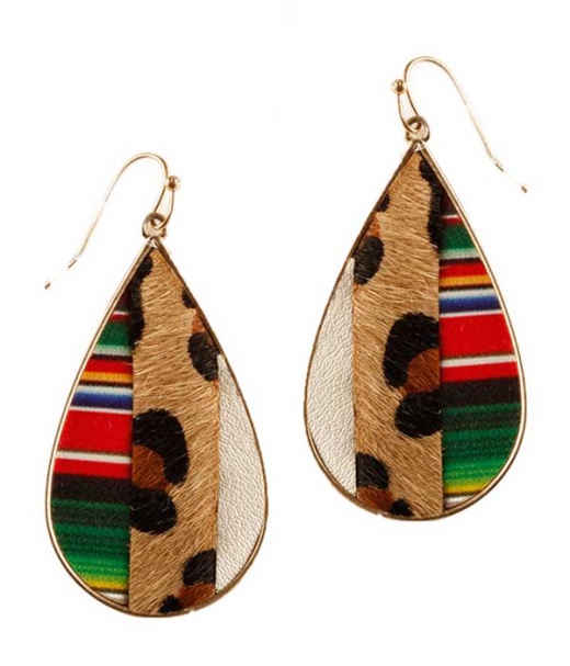 Fabric And Meatl Back Animal Print And Mosaic Earring - Teardrop