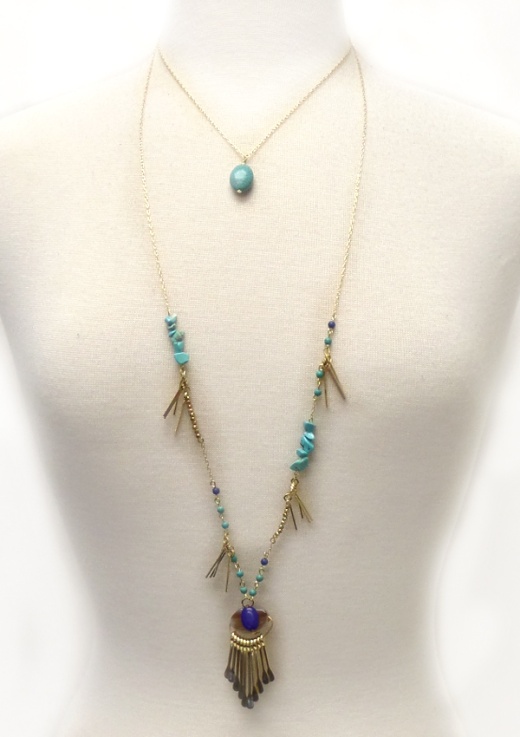 Semi Precious Stone and Turquoise Metal Bar Drop Long Necklace