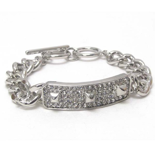 Crystal and Spike on Plate and Thick Chain Toggle Bracelet
