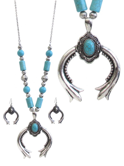 Vintage Turquoise Squash Blossom Necklace Set