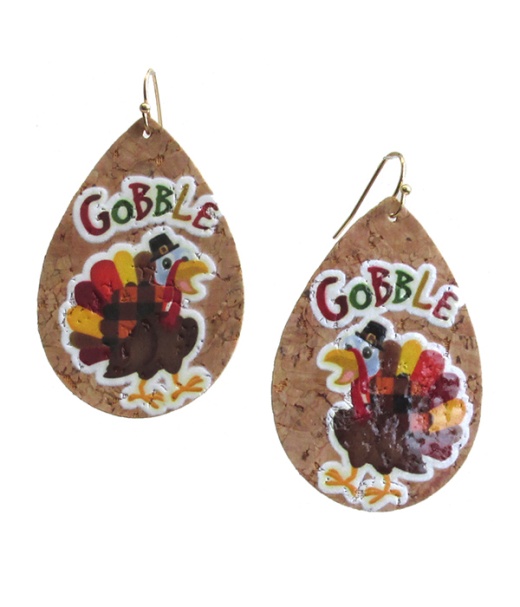 Thanksgiving Theme Cork Teardrop Earring - Gobble