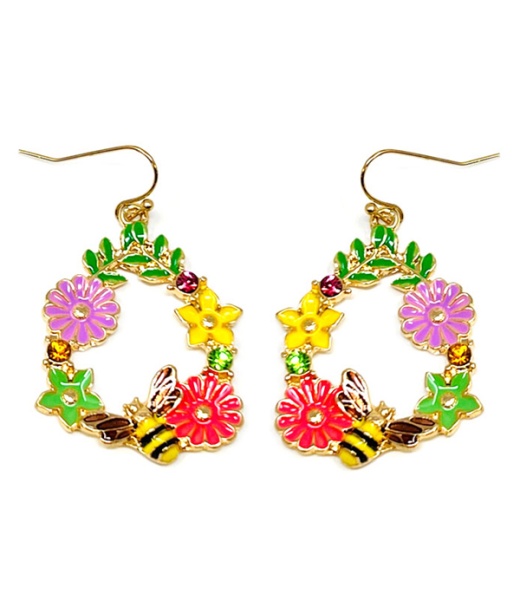 Garden Theme Epoxy Earring - Bee And Flower