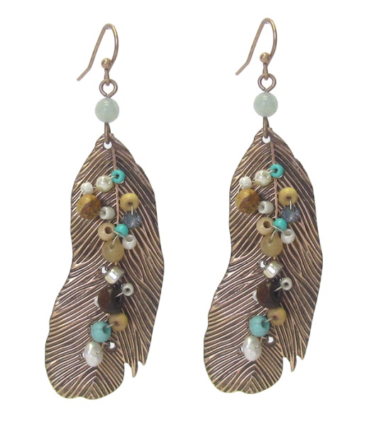 Multi Seed Bead Metal Feather Earring - Wholesale Fashion Jewelry
