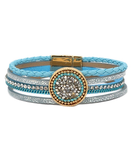 Crystal Mix Disc and Multi Leatherette Magnetic Bracelet
