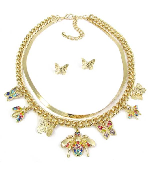 Crystal Bee Charm Pendant and Double Layer Chunky Chain Necklace Set