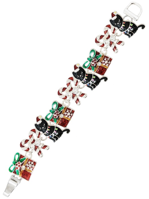 Christmas Theme Epoxy Cat and Candy Cane Magnetic Bracelet