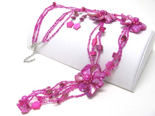 Shell And Seed Beads Flower Y Drop Long Necklace Earring Set