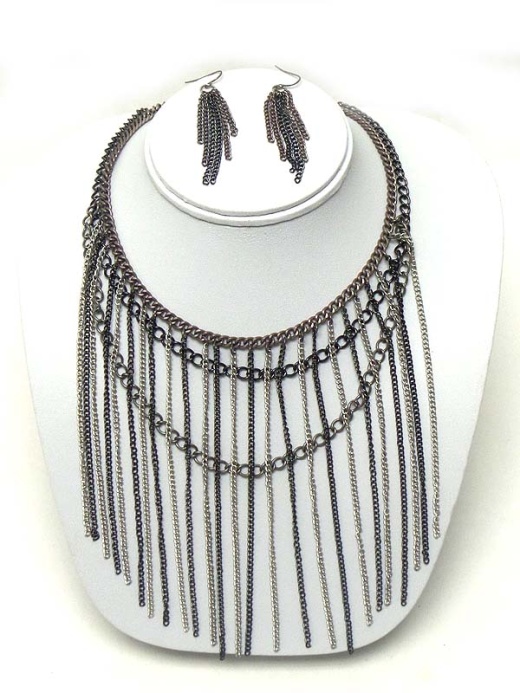 Multi Metal Tassel Chain Drop Necklace Earring Set