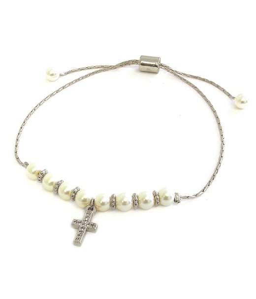 Pearl and Cz Cross Pull Tie Bracelet - New Products