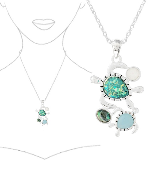 Sealife Theme Opal and Abalone Mix Pendant Necklace - Turtle
