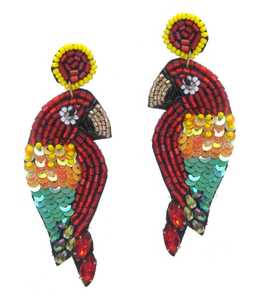 Handmade Seedbead And Sequin Mix Tropical Bird Earring - Parrot