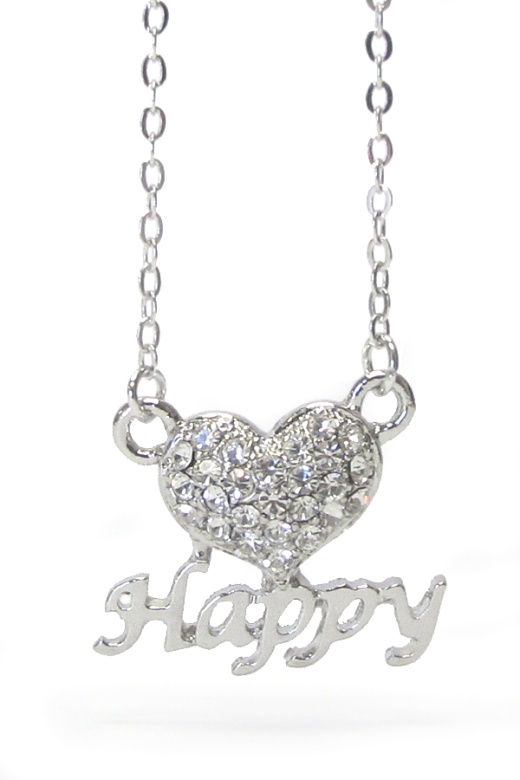 White Gold Plating Crystal Happy Heart Pendant Necklace