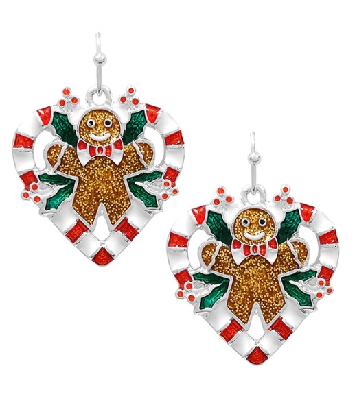 Christmas Theme Epoxy Ginger Bread and Heart Candy Cane Earring