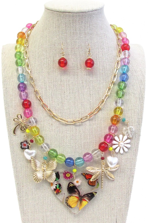 Chunky Butterfly And Flower Charm Dangle Multi Layer Necklace