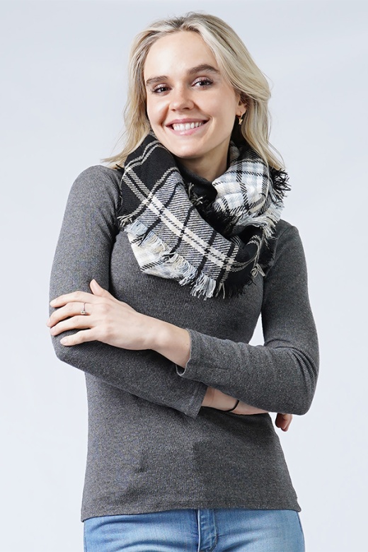 Plaid Infinity Scarf with Frayed Edge - 100% Polyester BK