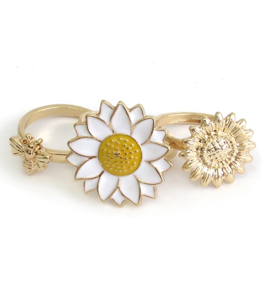 Garden Theme Multi Knuckle Ring Set - Sunflower And Bee