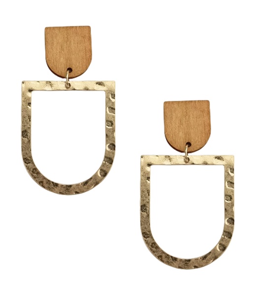 Wood And Hammered Metal Dangle Earrings