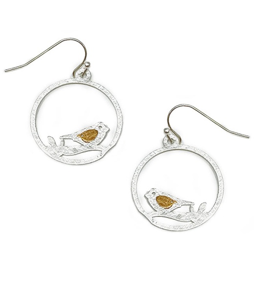 Scratch Metal Bird On Branch Hoop Earring - Brass Metal