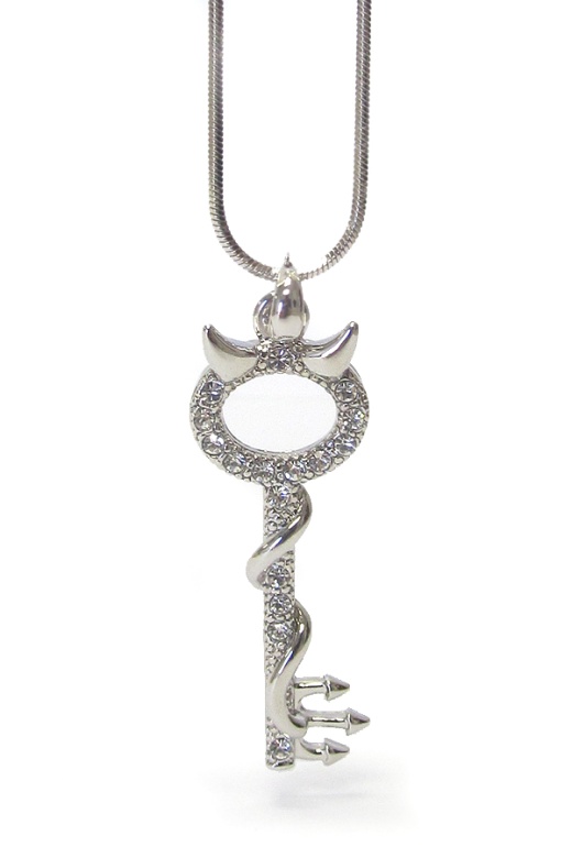 Whitegold Plating Crystal Stud Cuttie Devil Key Pendant Necklace