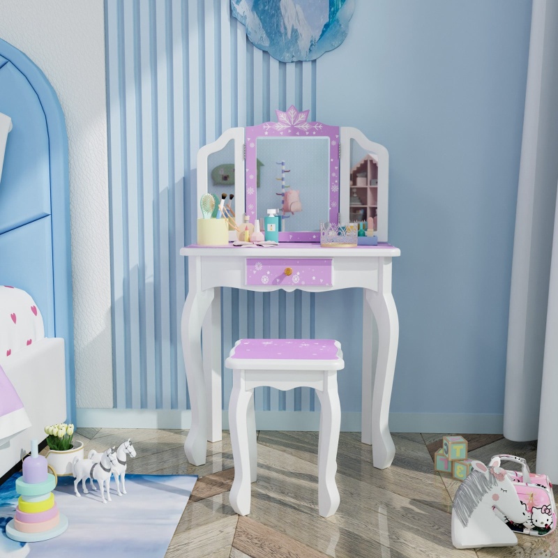 Joymor Tri Folding Kids Vanity Set Mirror Wooden Princess With Stool