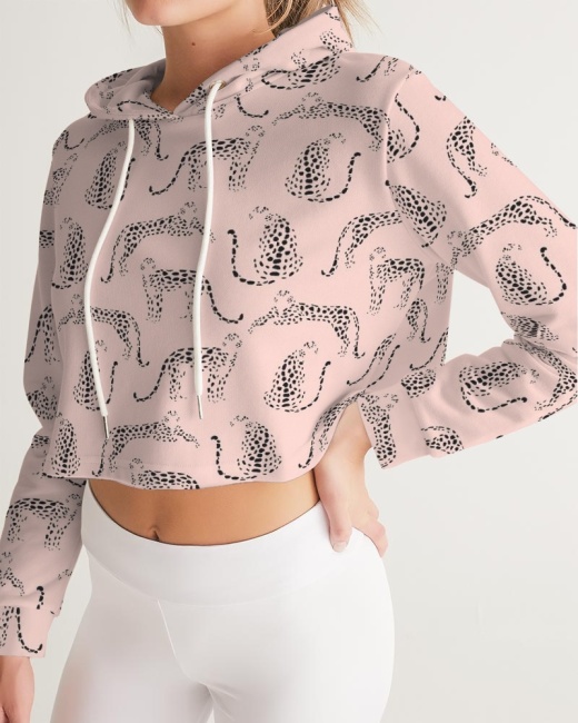 Women's Cropped Hoodie with Pink Cheetah Silhouette