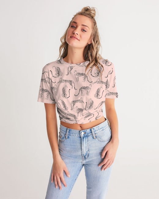 Women's Twist-Front Cropped Tee Pink Cheetah Silhouette