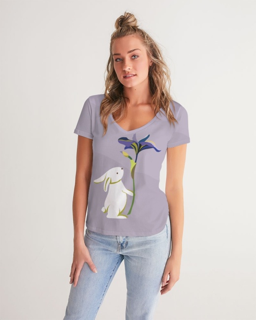 Women's V-Neck Tee Bunny And Flowers - High-Quality Polyester Tee for Casual Wear
