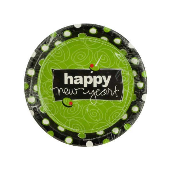 Happy New Year Olive Design Party Plates, Pack Of 24
