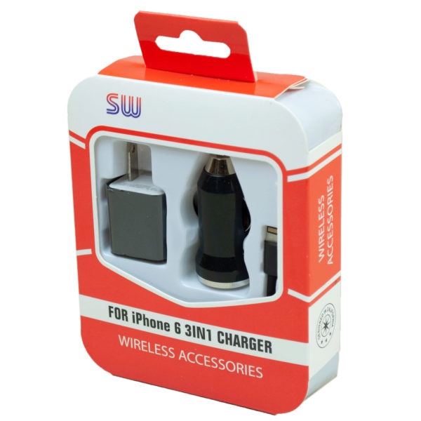 Black Iphone 3 In 1 Charger Kit, Pack Of 6