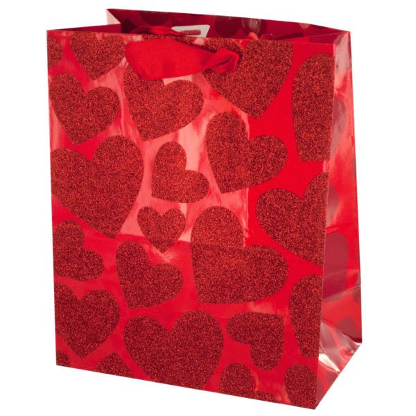 Red Glitter Hearts Gift Bag, Pack Of 36