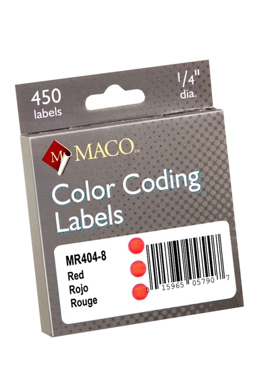 Maco 1/4" Dia. Color Coding Labels, Red, 450/On Roll In Dispenser Box