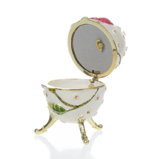 White With Red Flower Music Box Faberge Egg by Keren Kopal