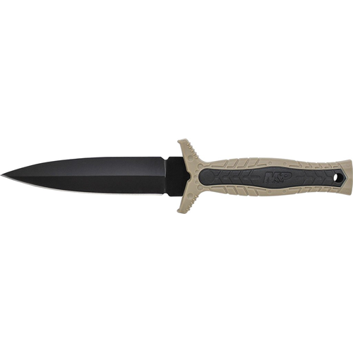 M&P Fixed Blade Boot Knife, Spear Point False Edge Blade, Rubberized Handle W/Brown Rubber Insert