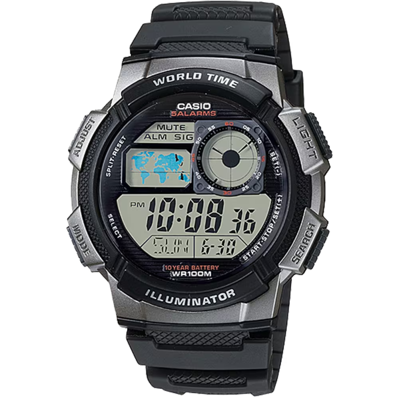 Classic World Time Digital Watch W/ 100 Meter Water-Resistance